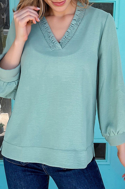 Moonlight Jade Frilled V Neckline Bracelet Sleeve Crinkled Blouse