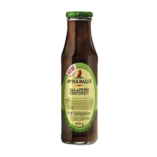 Bottle of Mrs Balls Sauce Jalapeno 470g with spicy South African flavor