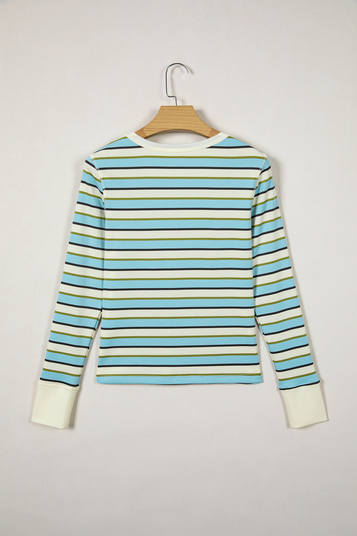 Multicolour Striped Round Neck Ribbed Knit Long Sleeve Top