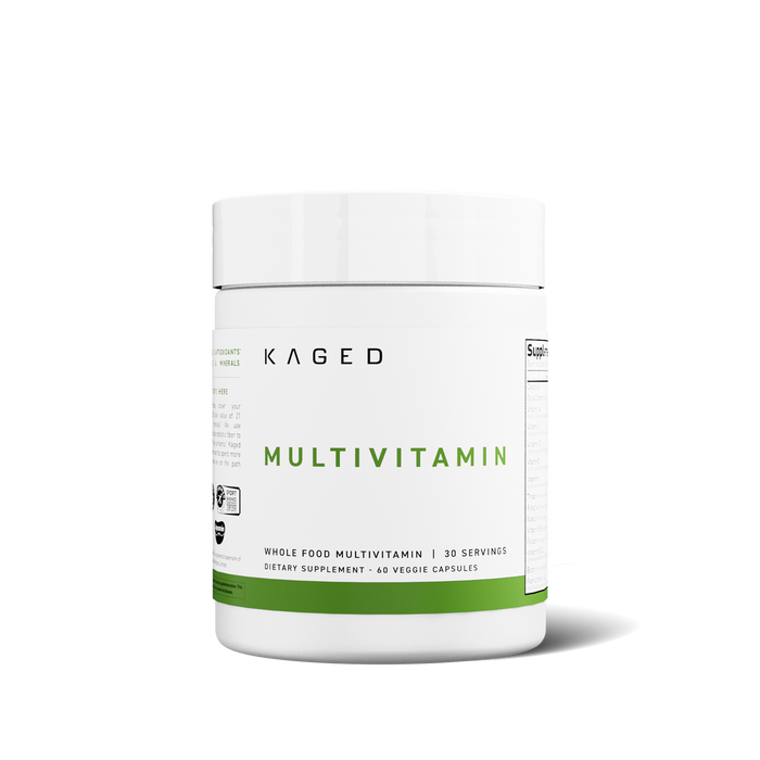 Front of Kaged Multivitamin tub showing MULTIVITAMIN label and green accent band, whole-food multivitamin 30 servings, 60 veggie capsules on white background