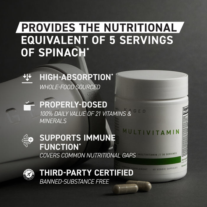 Promotional graphic showing multivitamin equals 5 servings of spinach, 100% DV of 21 vitamins, third-party certified