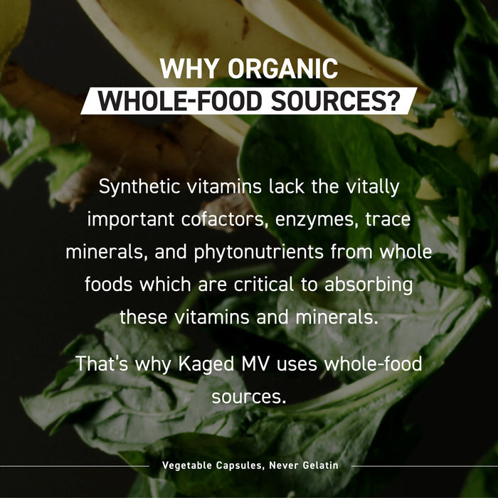 Hero banner showing headline "Why organic whole-food sources?" over close-up leafy greens and ginger