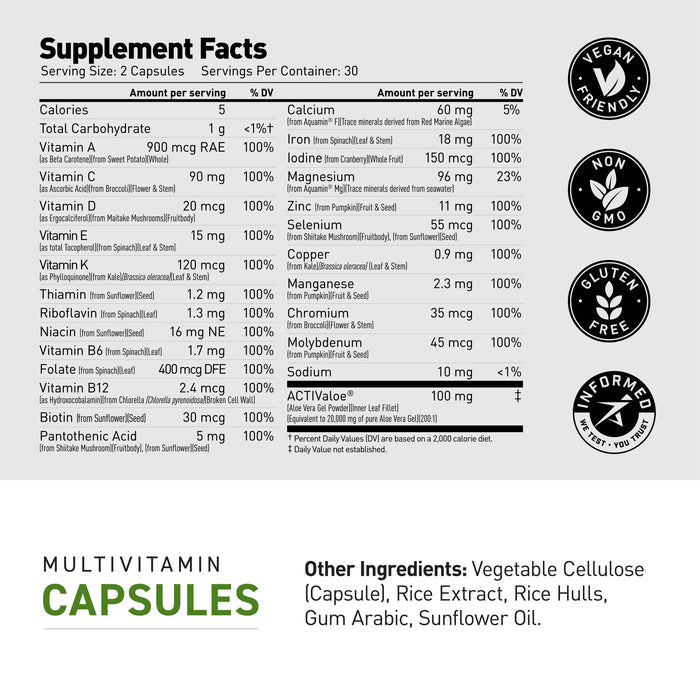 Supplement facts label: 2 capsules per serving, 30 servings; 21 nutrients, most at 100% DV; Informed Sport certified