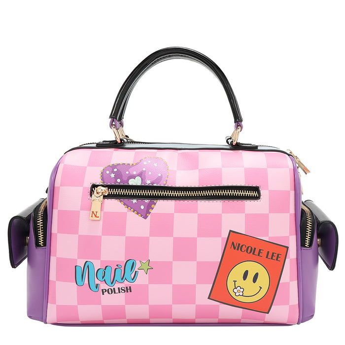 THE BACK OF OUR NAIL POLISH HANDBAG IN PINK CHECKER PRINT AND WITH SLIP POCKET. PINK CHECKER PRINT.