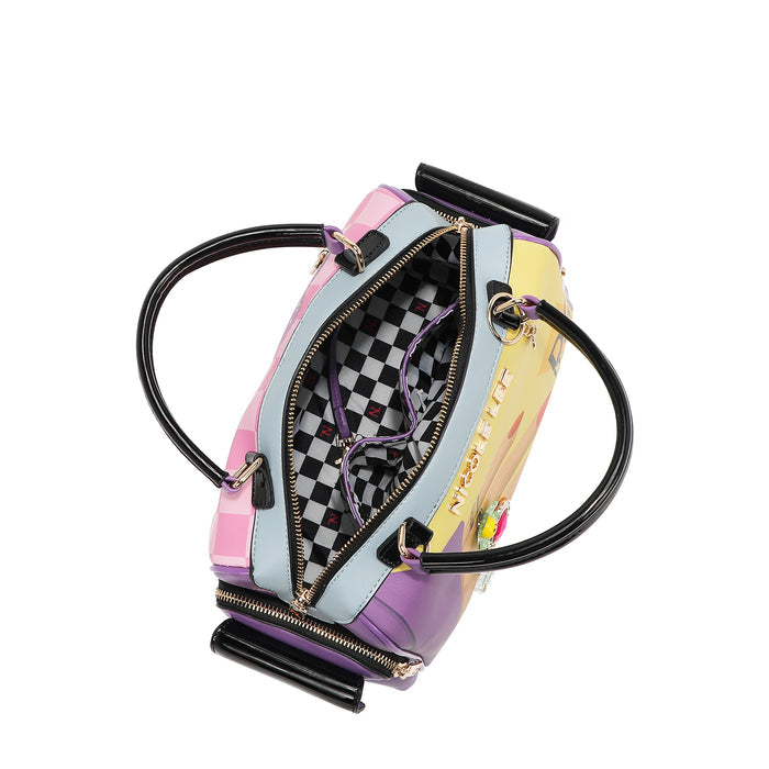 A VIEW FROM ABOVE ON OUR NAIL POLISH MINI DOME BAG EXCLUSIVE CHECKER PRINT INTERIOR LINING IN POLYESTER.