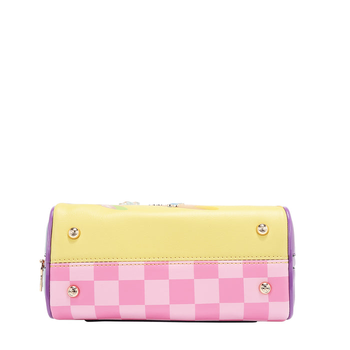 THE BOTTON IS COLOR HALF YELLOW AND HALF PINK  CHECKER PRINT.