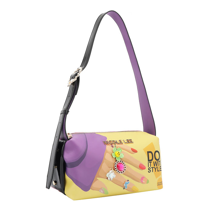 Our Nail Polish shoulder bag, featuring a purple strap, yellow base with embellishments and gold-tone hardware.
