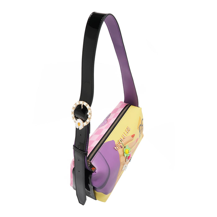 Top angle of Our Nail Polish shoulder bag, featuring a black and purple strap with embellishments and gold-tone hardware.