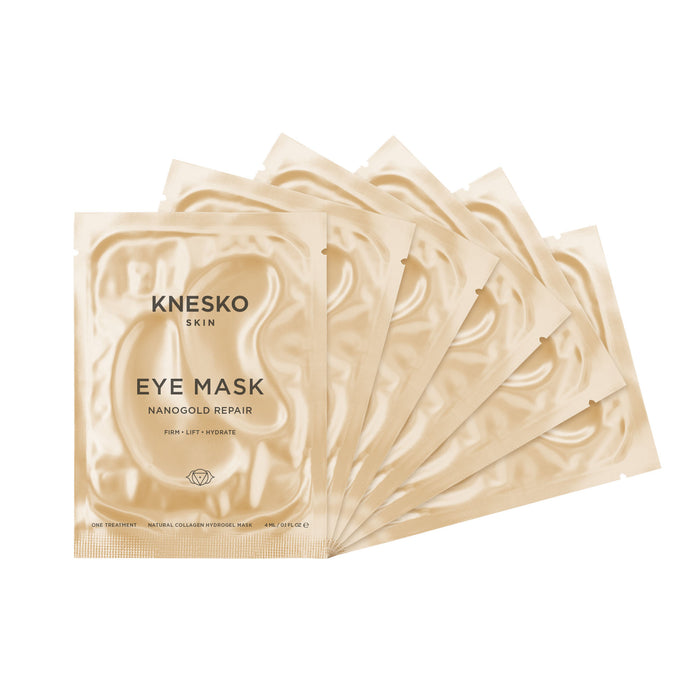 Nanogold Repair Eye Mask - 6 pack | Knesko featuring six gold-colored individual eye mask packets designed for skincare to firm, lift, and hydrate the under-eye area.