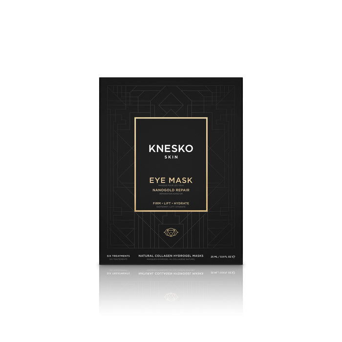 Packaging of Nanogold Repair Eye Mask - 6 pack | Knesko in black with gold and white text, promoting firming, lifting, and hydrating skincare benefits.