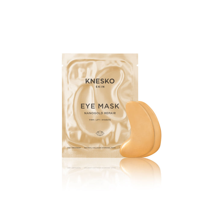 Nanogold Repair Eye Mask - Single | Knesko featuring a gold-toned under-eye mask with a reflective, moisturizing skincare treatment packaging for hydration and firming.