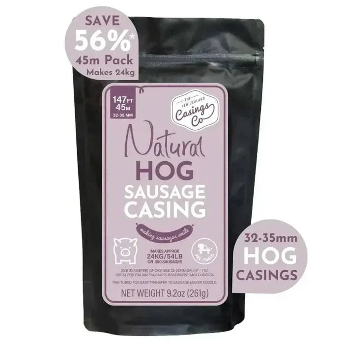Natural hog casings 32-35mm, 45m pack with three pre-tubed 15m lengths