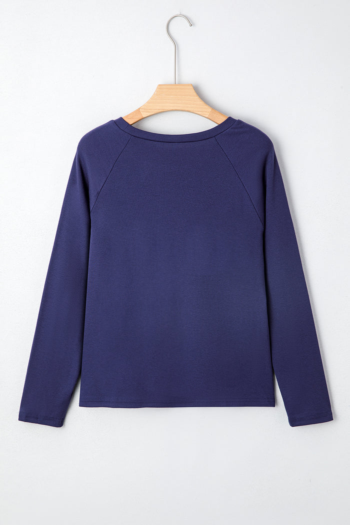 Navy Blue Solid Color Seam Detail Raglan Long Sleeve Top