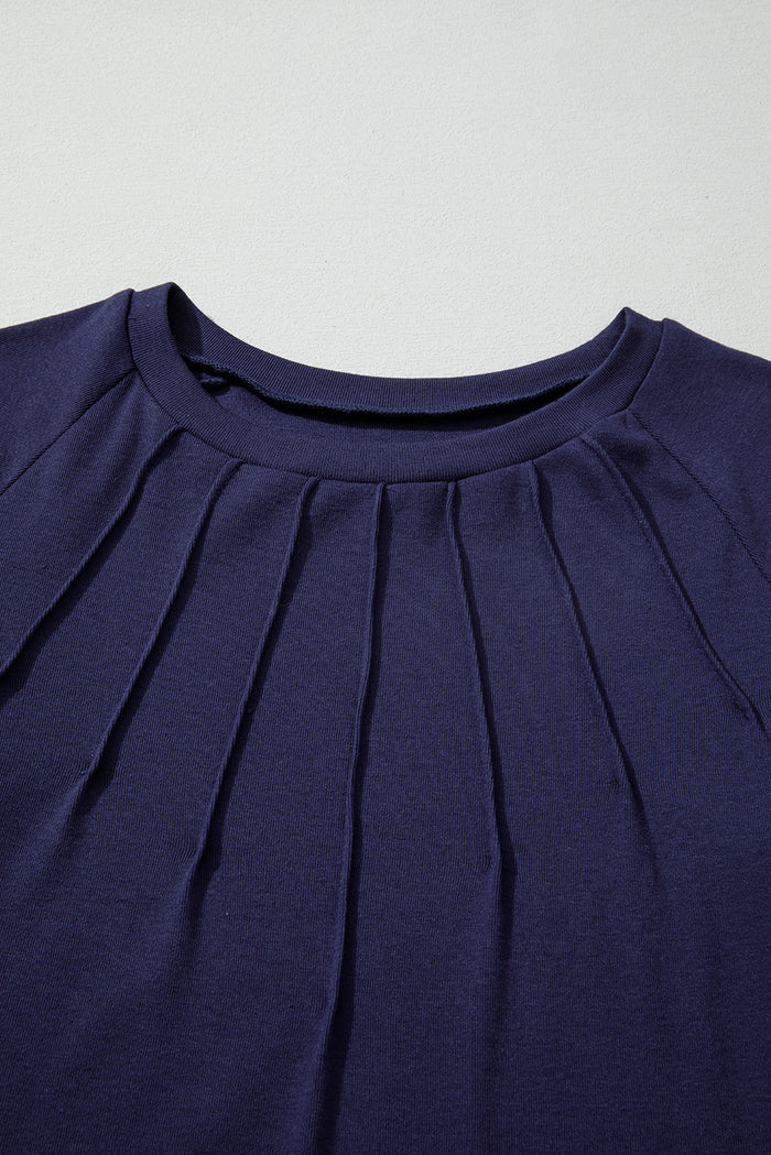 Navy Blue Solid Color Seam Detail Raglan Long Sleeve Top