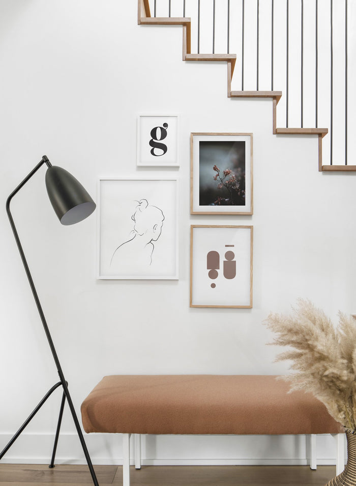 minimalist art print by Opposite Wall with trendy design of Near symmetry in sepia - Hallway with a gallery wall quadruple