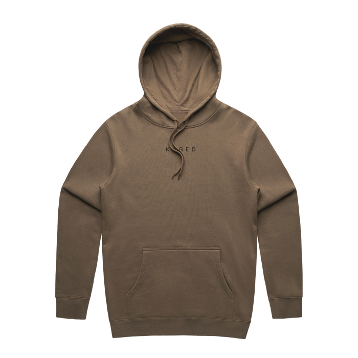 Front of Never Stop Evolving hoodie in walnut with hood, drawstrings, kangaroo pocket and KAGED chest logo on white #color_walnut