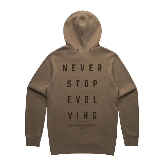 Back view of Never Stop Evolving hoodie in walnut showing hood and large NEVER STOP EVOLVING text on white background #color_walnut