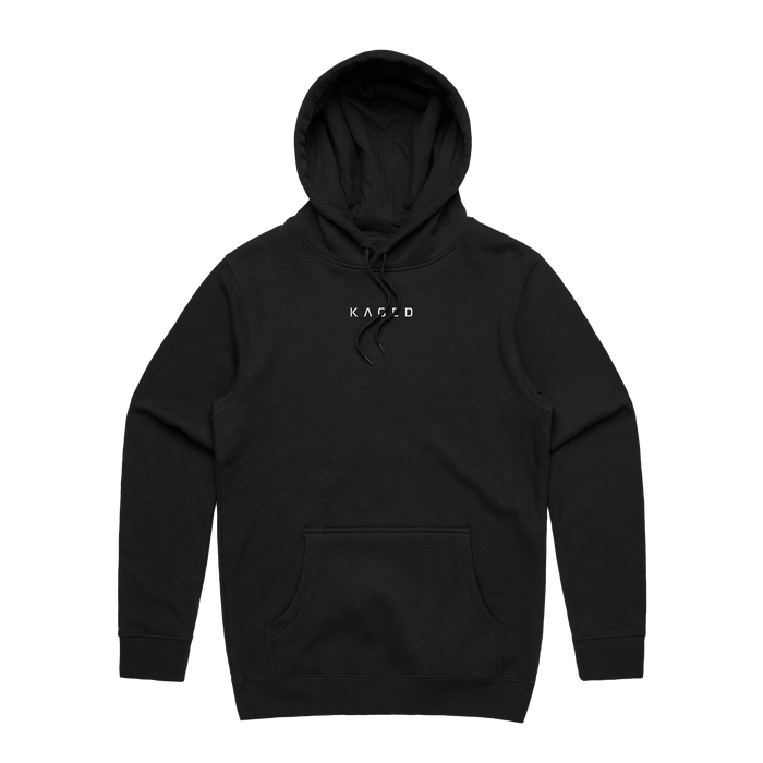 Front view of black Never Stop Evolving hoodie showcasing white KAGED chest logo and kangaroo pocket on white background #color_black