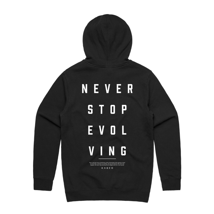 Back of black Never Stop Evolving hoodie with large vertical white text and small KAGED logo on white background #color_black