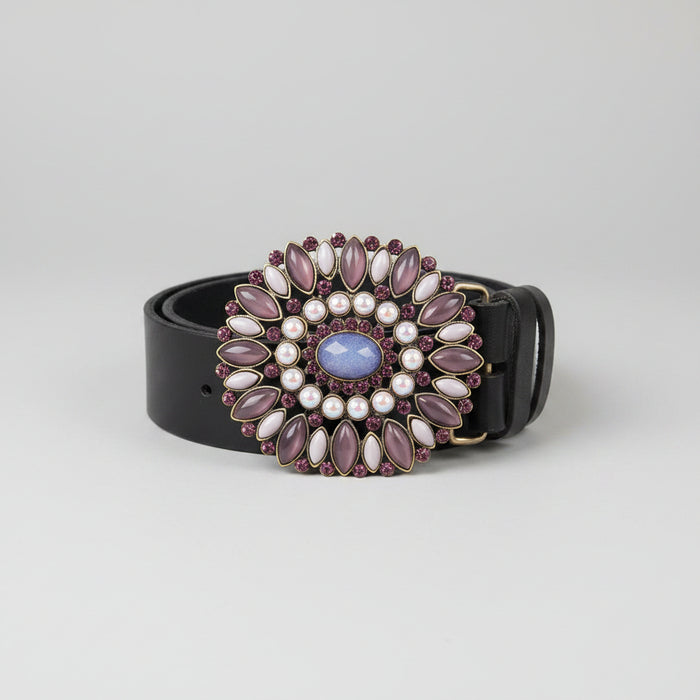 NEW Martine Wester London Genuine Leather Belt - Black - Size Medium - Purple Floral Diamante Buckle