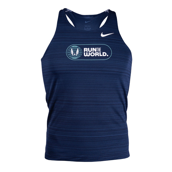 A navy blue Nike Dri-FIT Miler Tank for boys with a graphic on the front and reflective details.