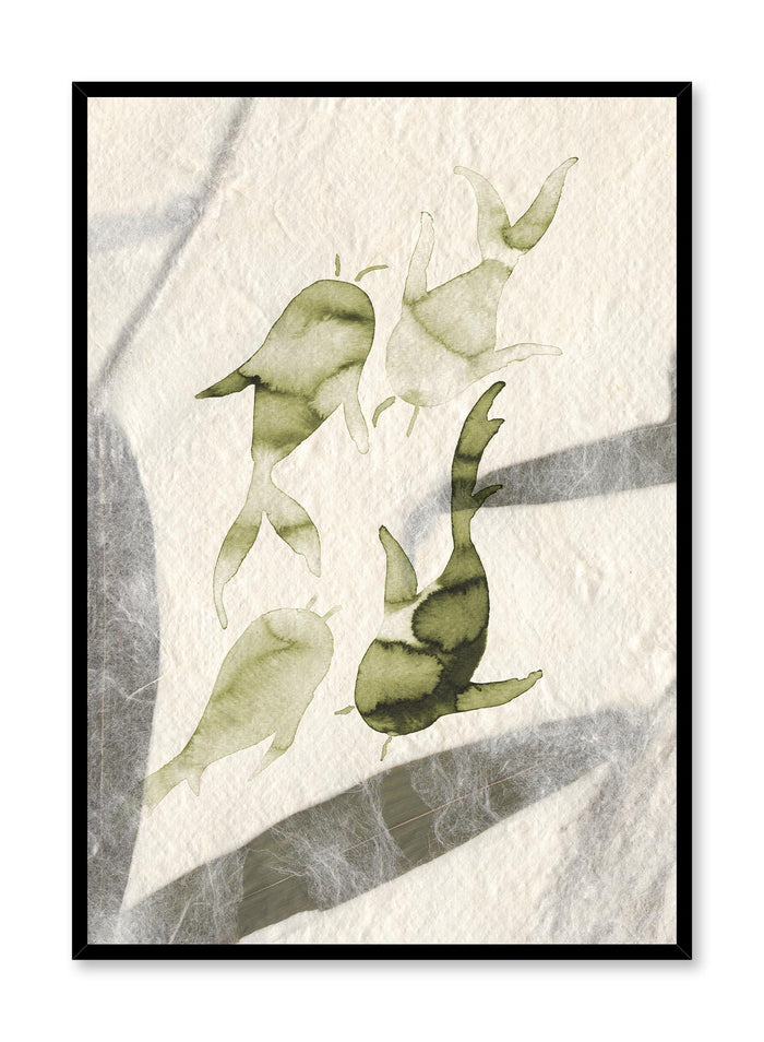 Nishikigoi is a minimalist illustration by Opposite Wall of the back view of four green koi fishes swimming around.