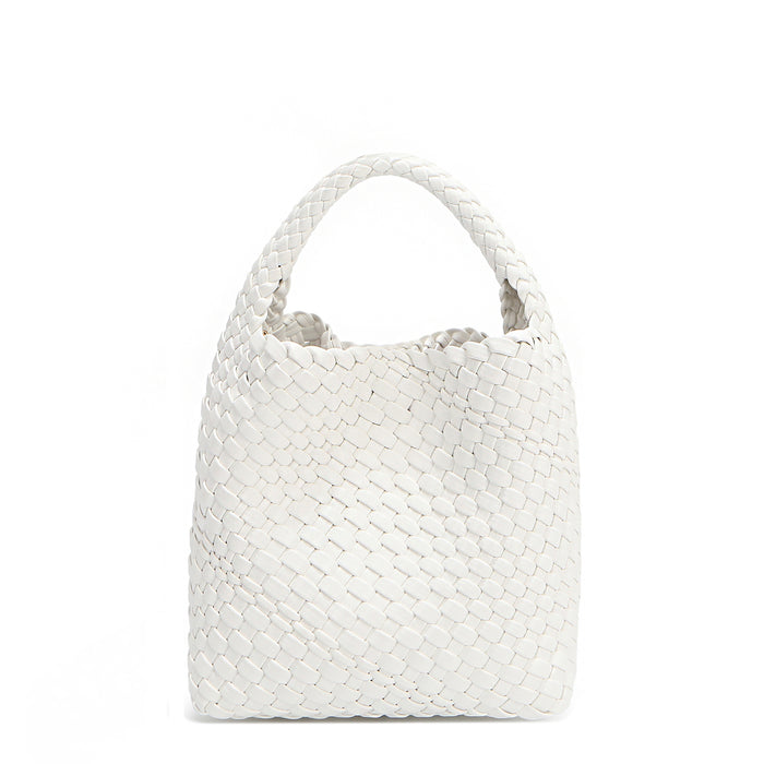 Juni handbag crafted in braided vegan leather in classic, timeless white with a top handle (5" drop) and open slip compartment secured with a magnetic snap closure. Slouchy, relaxed silhouette offers a chic and laid-back yet refined look.