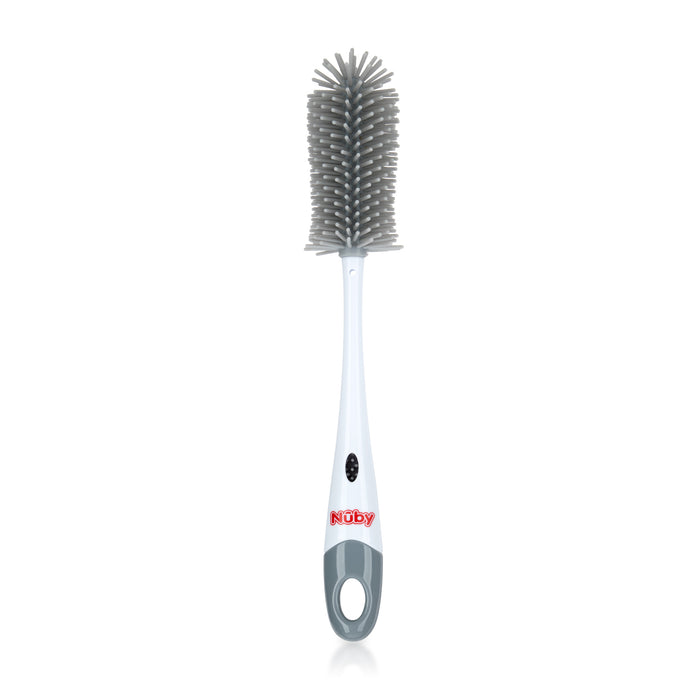 The Non-Scratch Silicone Bristle Bottle Brush has gray silicone bristles and a white handle with the Nuby logo and a hanging hole at the end.