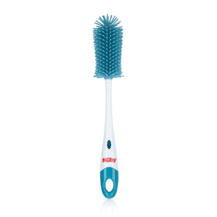 The Non-Scratch Silicone Bristle Bottle brush in blue and white features soft silicone bristles, a rounded tip for gentle cleaning, a hanging hole in the handle, Nuby logo, and a convenient nipple brush for washing baby bottles.