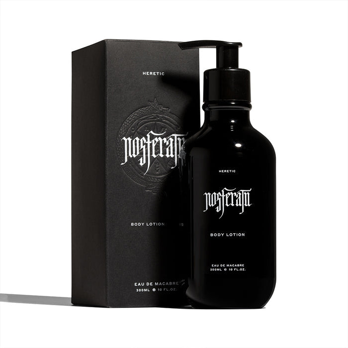 Black body lotion bottle and packaging with 'Heretic' branding on a white background
