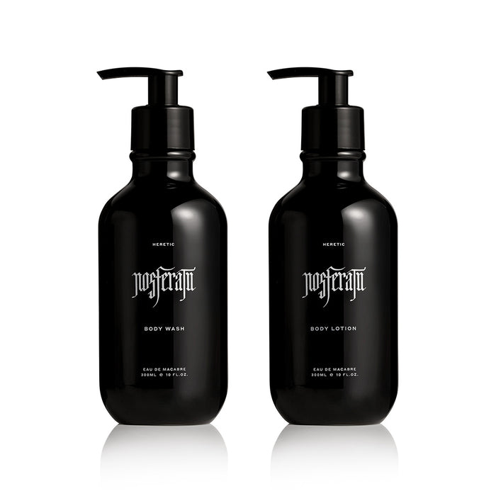 Two black bottles of nosferatu body wash and lotion on a white background