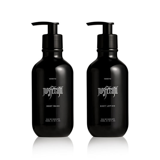Two black bottles of nosferatu body wash and lotion on a white background