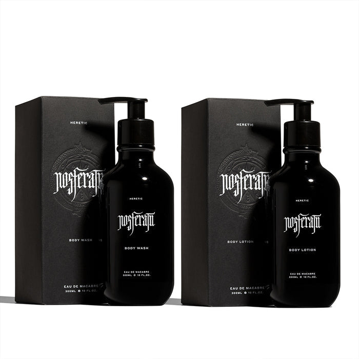Two black bottles of nosferatu body wash and lotion with matching boxes on a white background.