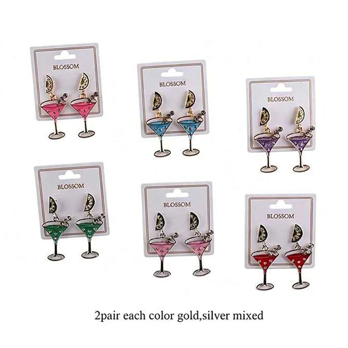 Novelty Enamel Cocktail Glass Drop Earrings with Rhinestones – 2.28" Martini Drink Dangle Earrings Set for Women, Summer Party & Happy Hour Jewelry (IER-6178)