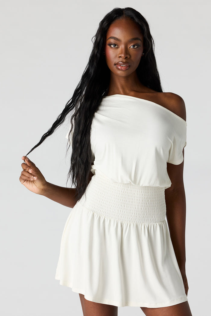 Off-Shoulder Smocked Waist Mini Dress