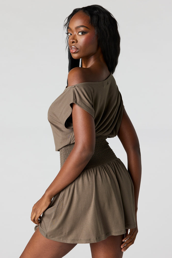 Off-Shoulder Smocked Waist Mini Dress
