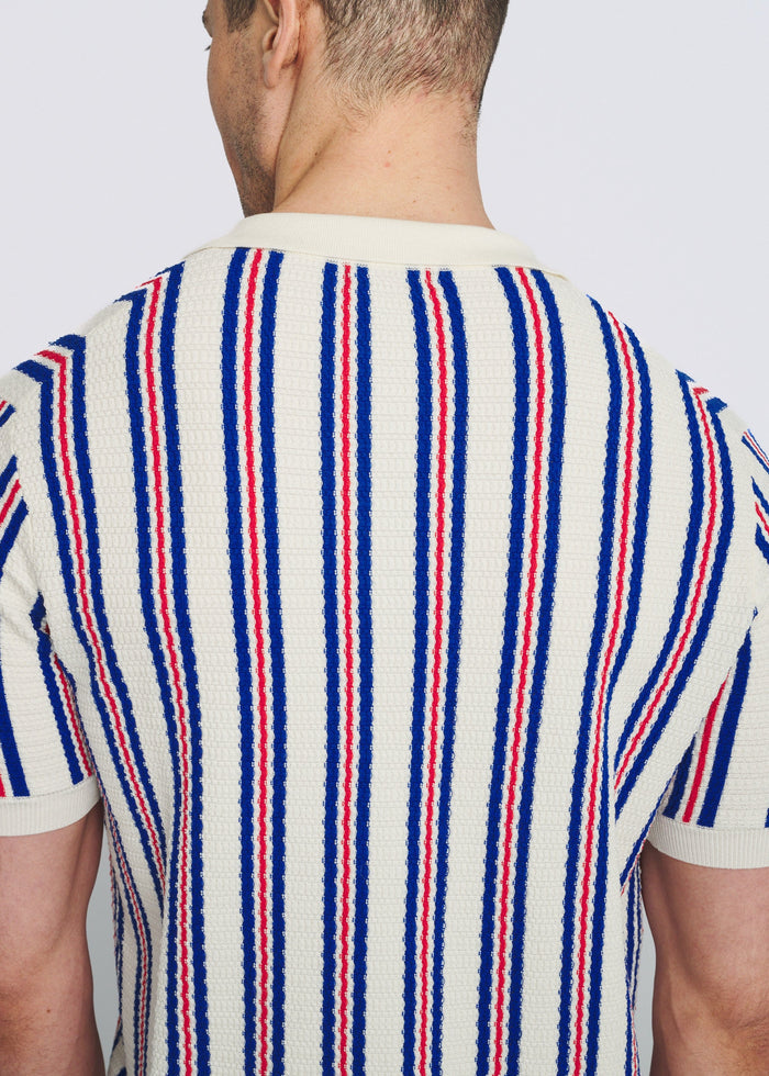 Off White Open Mesh Pinstripes Silk/Tencel Button Front Knit Shirt Pm-16341