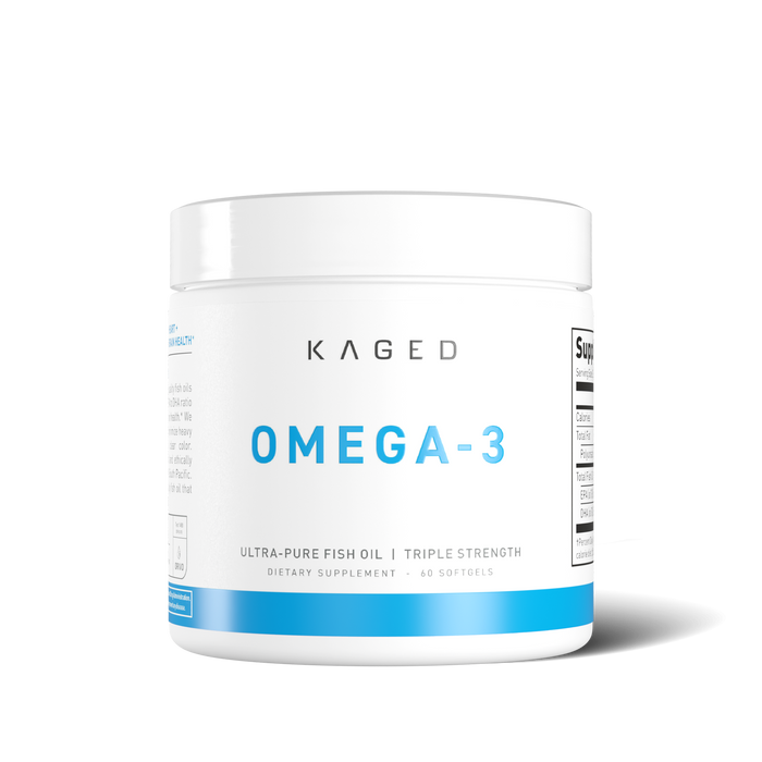 Front view of KAGED Omega-3 jar showing 'OMEGA-3' label and ultra-pure triple-strength fish oil supplement on white background
