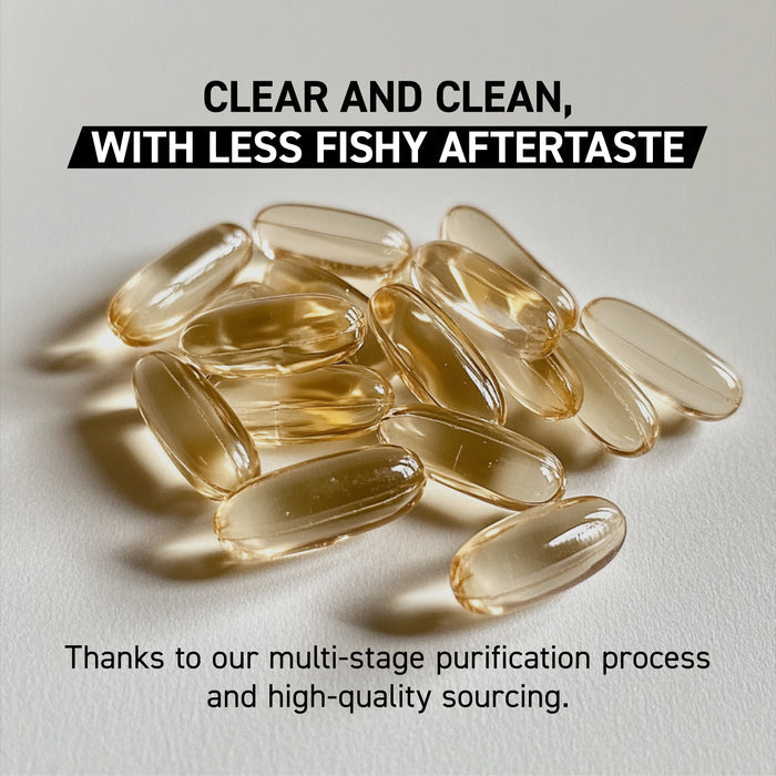 Close-up of Omega-3 softgel capsules showing clear golden softgels with overlaid headline Clear and clean, with less fishy aftertaste