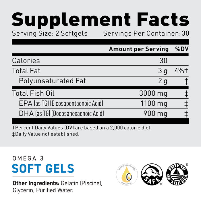 Supplement Facts label: Serving size 2 softgels, 30 servings; total fish oil 3000 mg; EPA 1100 mg; DHA 900 mg