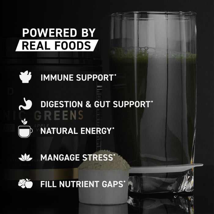 Infographic showing Powered by Real Foods and benefits: immune, digestion gut, natural energy, stress, nutrient gaps
