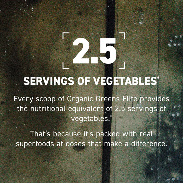 Promotional infographic showing large '2.5' headline and 'SERVINGS OF VEGETABLES' text stating each scoop equals 2.5 servings