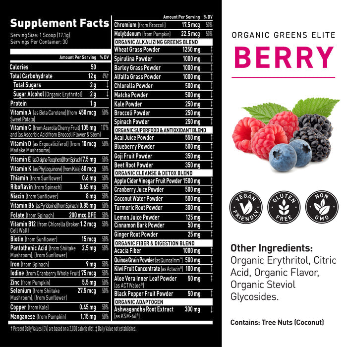 Supplement Facts label for Berry greens powder showing 30 servings, 21 vitamins and minerals, and organic blend ingredients