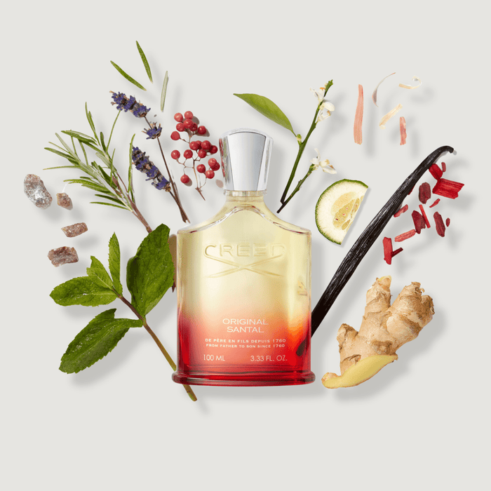 Original Santal Eau de Parfum 100ml with Spice and Sandalwood Ingredients Flat Lay | Creed Fragrances