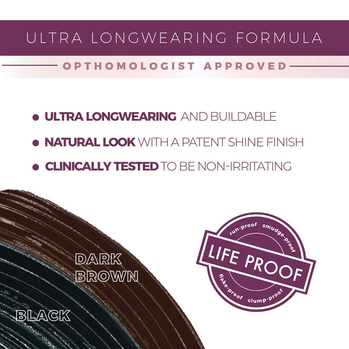Text highlighting features of Original Tubing Mascara | Blinc, emphasizing ultra longwearing, natural shine finish, clinical testing, available in black and dark brown, and labeled as life proof with run-proof, smudge-proof, water-proof, and clump-proof qualities.