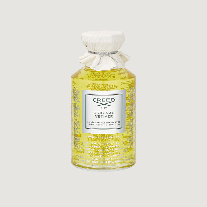 Creed Original Vetiver 240ml Flacon with White Leather Cap and Engraved Glass - Front View | Creed Fragrances