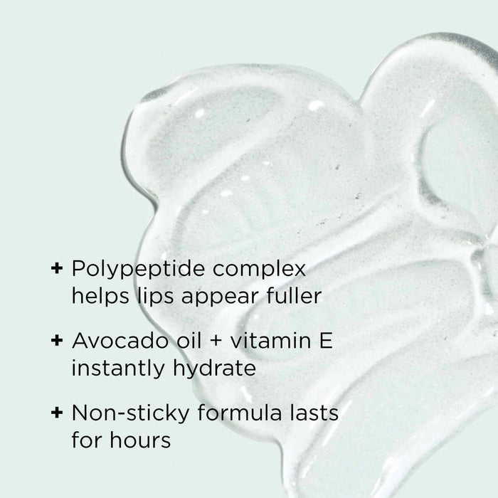 Clear gel swatches highlighting benefits of ORMEDIC lip enhancement complex | IMAGE Skincare, including polypeptide complex for fuller lips, avocado oil and vitamin E for hydration, and a non-sticky formula.