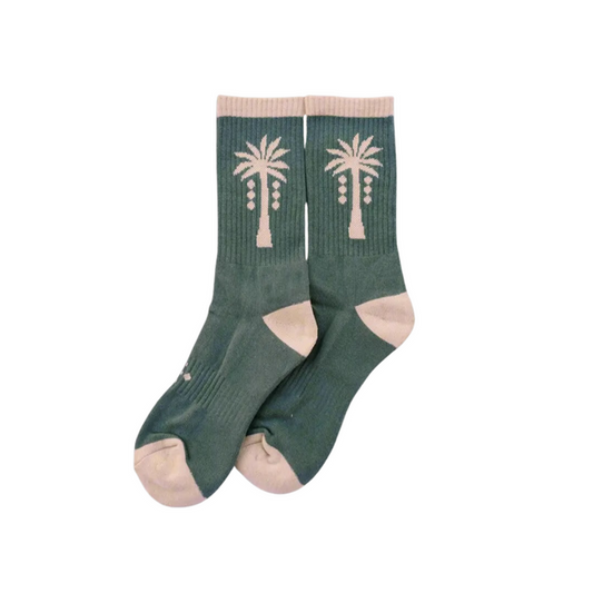 Palm crew socks in dark green with pink palm tree pattern and light pink toes