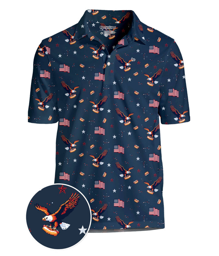 Men's 8-Bit Eagle Golf Polo by Tipsy Elves, patriotic America-themed golf shirt with bold eagle design on the front.