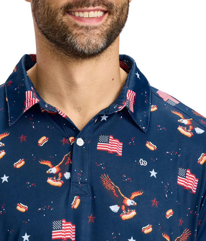 Men's 8-bit Eagle Golf Polo by Tipsy Elves featuring patriotic American flag design on a golf shirt.